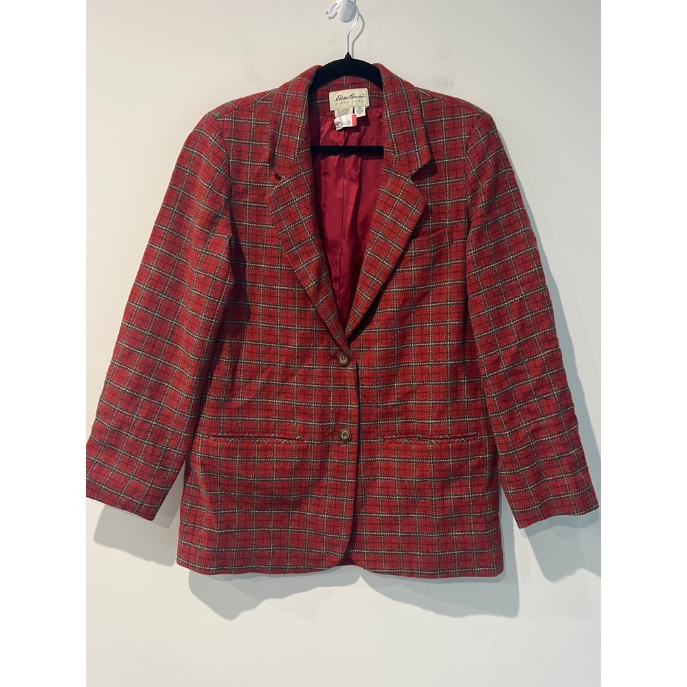 Eddie Bauer Womens Red Plaid 100% Wool Blazer Jacket Tall Medium Vintage Style